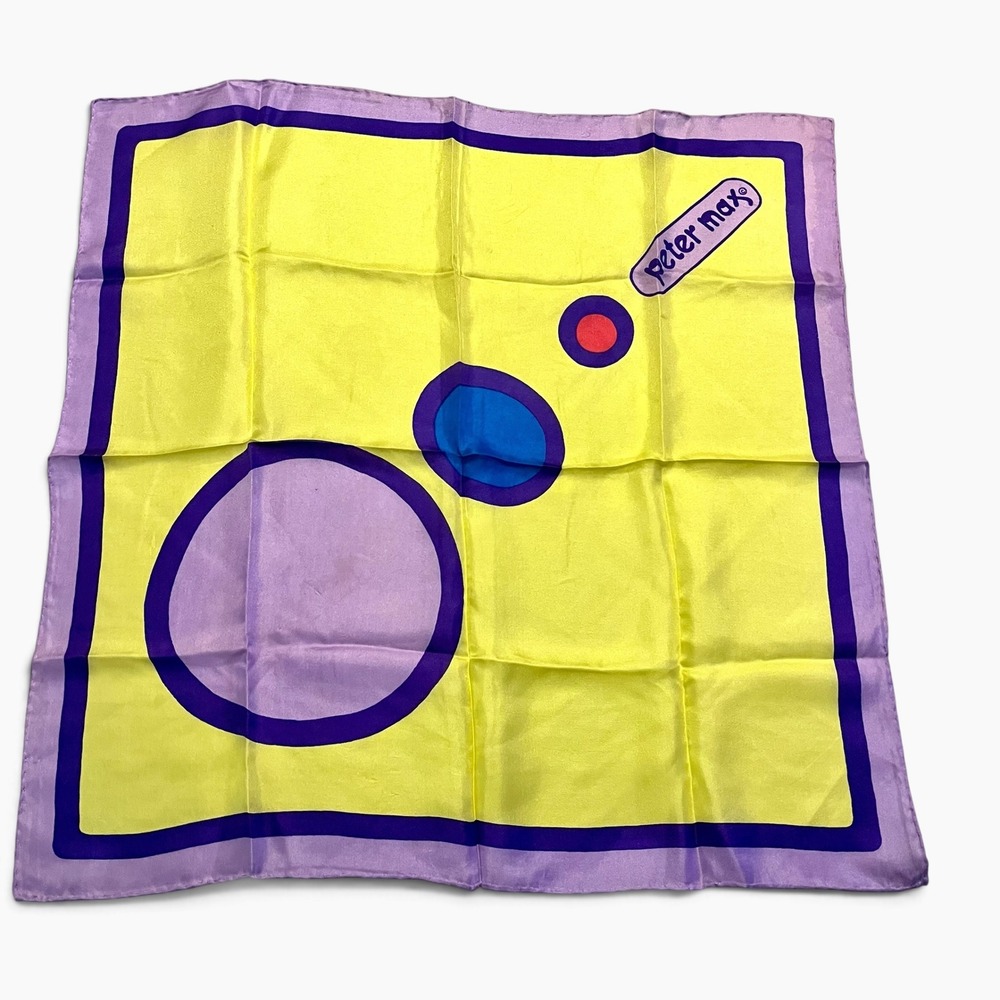 Vintage Peter Max Silk Scarf Yellow Purple Psychedelic Mod Pop Art Japan